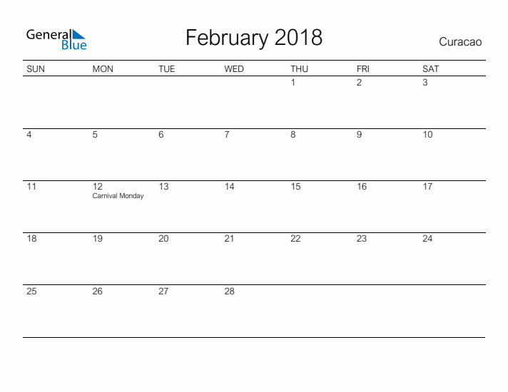 Printable February 2018 Calendar for Curacao