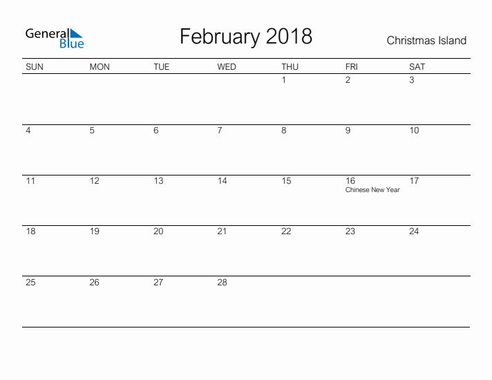 Printable February 2018 Calendar for Christmas Island