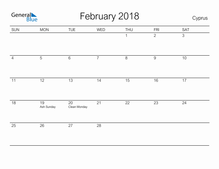 Printable February 2018 Calendar for Cyprus