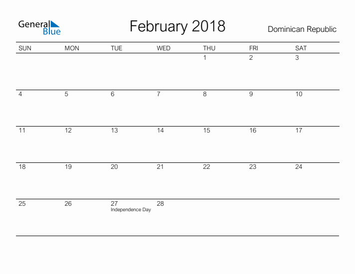 Printable February 2018 Calendar for Dominican Republic