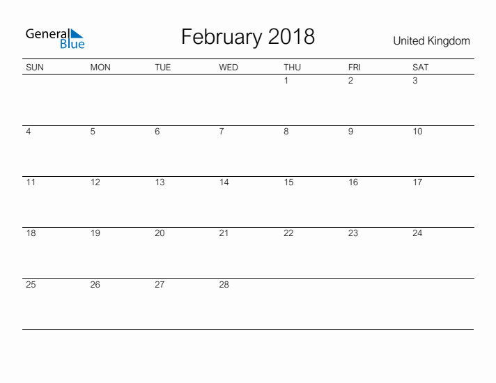 Printable February 2018 Calendar for United Kingdom