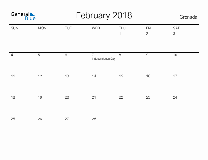 Printable February 2018 Calendar for Grenada
