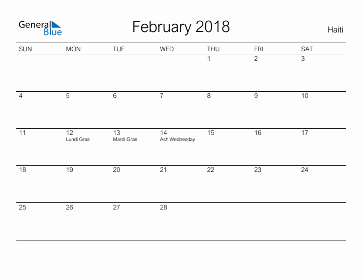 Printable February 2018 Calendar for Haiti