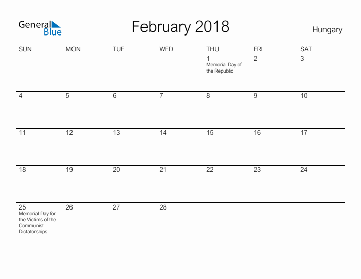 Printable February 2018 Calendar for Hungary