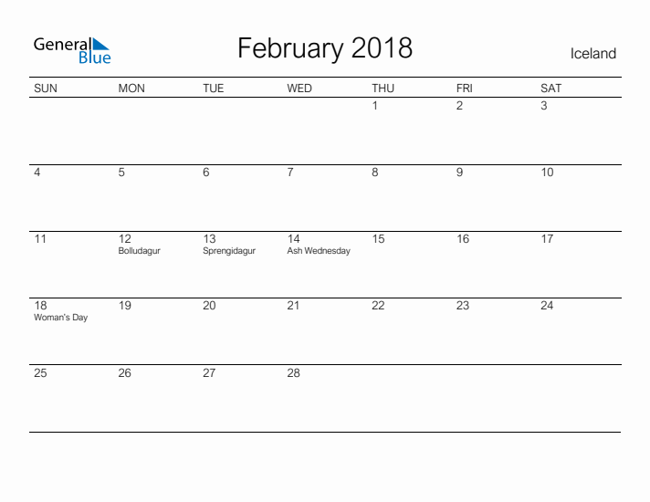 Printable February 2018 Calendar for Iceland