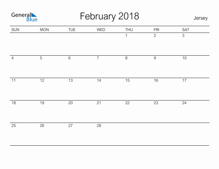 Printable February 2018 Calendar for Jersey