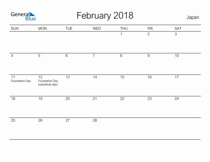Printable February 2018 Calendar for Japan