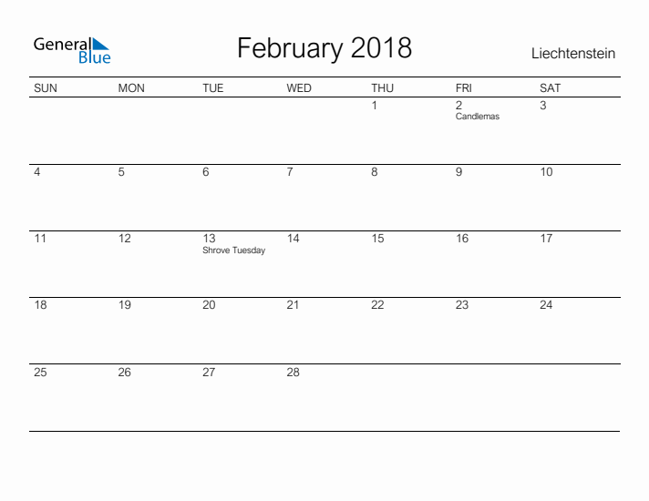 Printable February 2018 Calendar for Liechtenstein