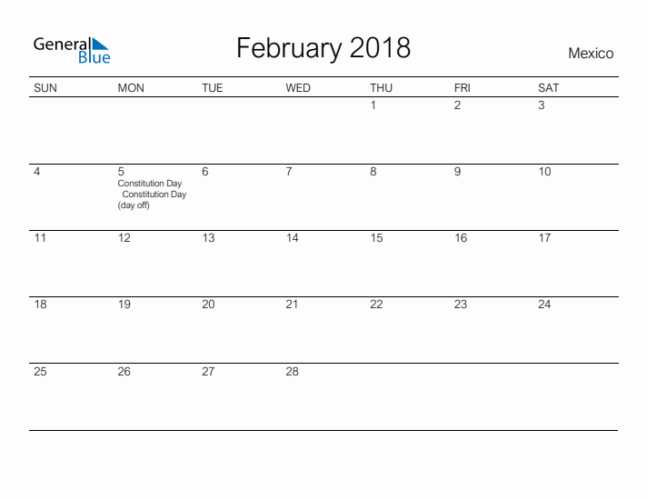 Printable February 2018 Calendar for Mexico