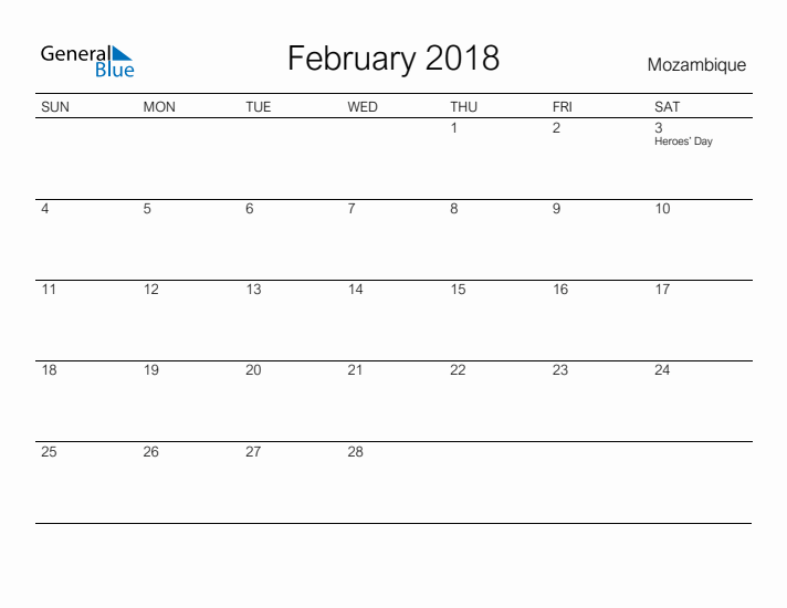 Printable February 2018 Calendar for Mozambique