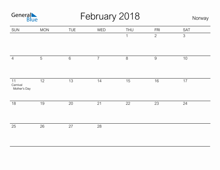 Printable February 2018 Calendar for Norway