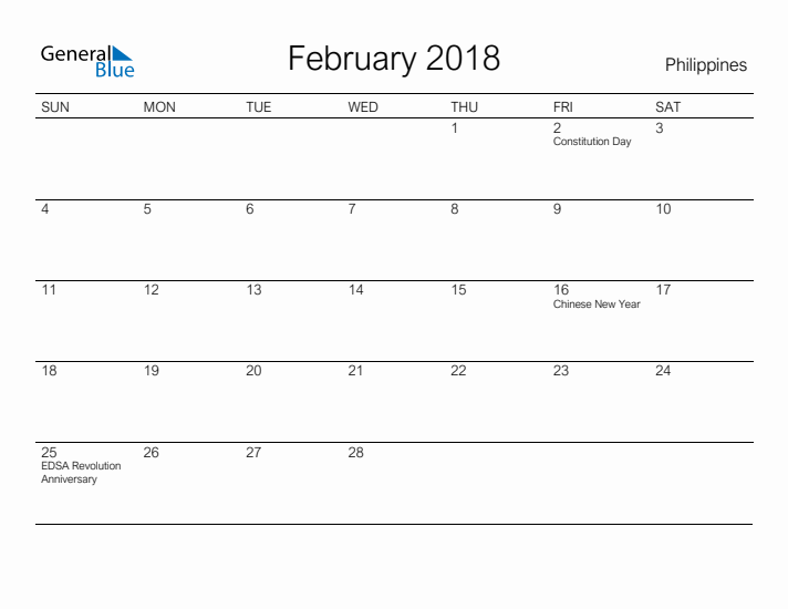 Printable February 2018 Calendar for Philippines