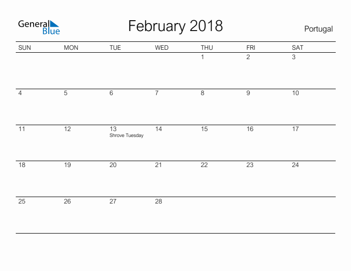 Printable February 2018 Calendar for Portugal
