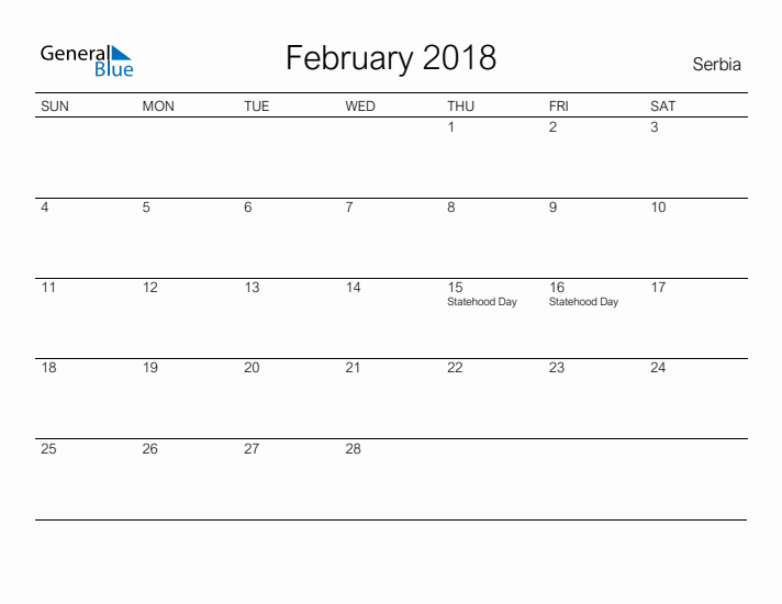 Printable February 2018 Calendar for Serbia