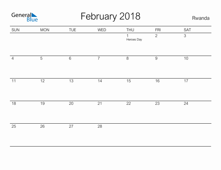Printable February 2018 Calendar for Rwanda