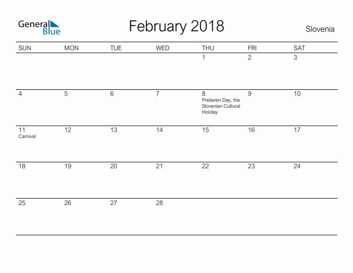 Printable February 2018 Calendar for Slovenia