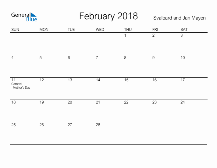Printable February 2018 Calendar for Svalbard and Jan Mayen