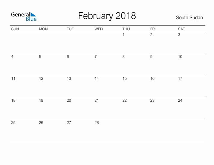 Printable February 2018 Calendar for South Sudan