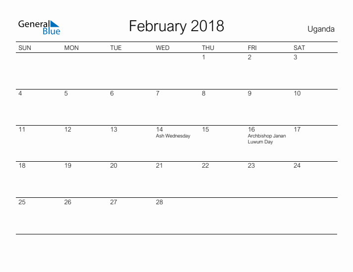 Printable February 2018 Calendar for Uganda