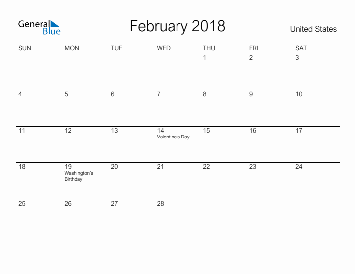 Printable February 2018 Calendar for United States