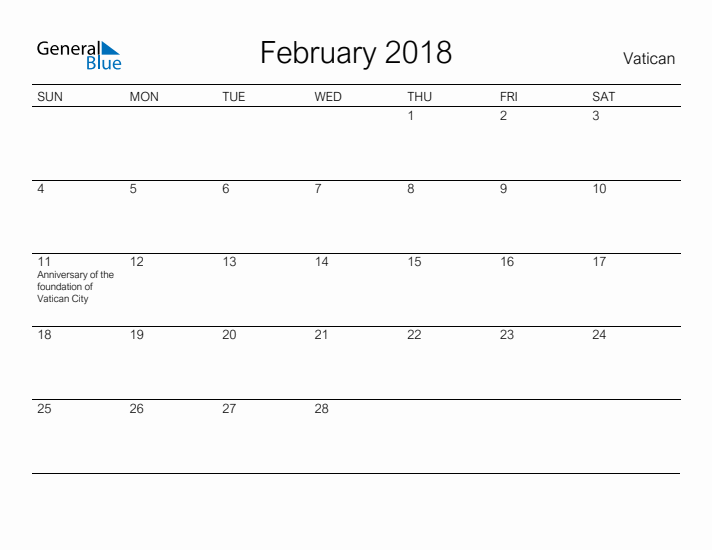 Printable February 2018 Calendar for Vatican