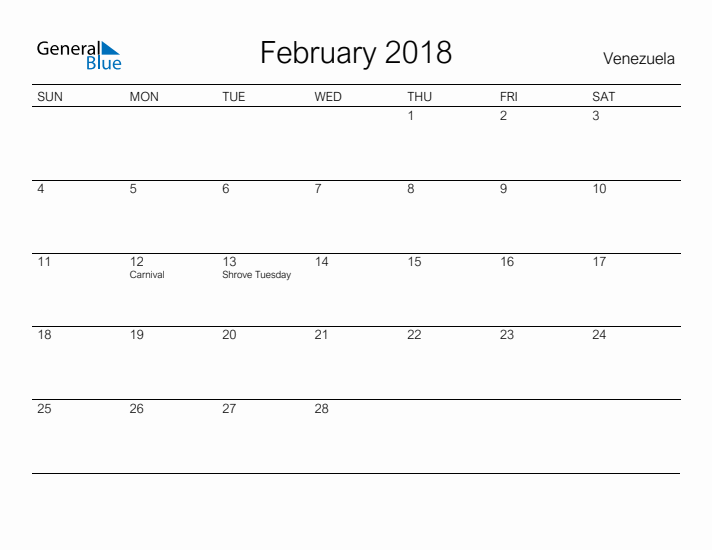 Printable February 2018 Calendar for Venezuela