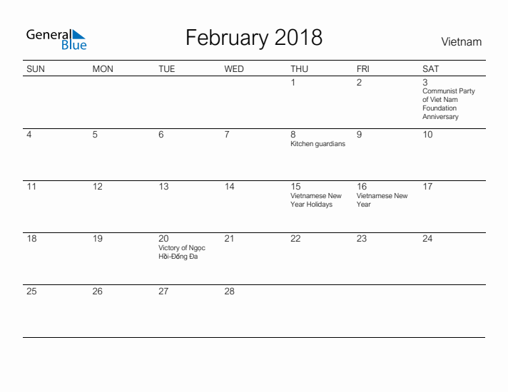 Printable February 2018 Calendar for Vietnam