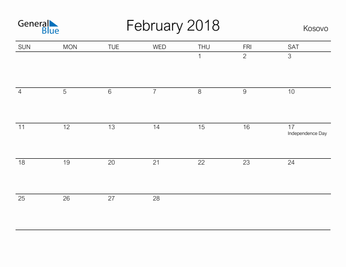 Printable February 2018 Calendar for Kosovo