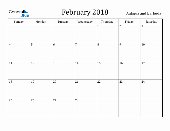 February 2018 Calendar Antigua and Barbuda