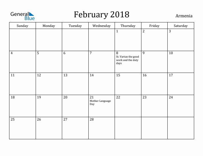 February 2018 Calendar Armenia