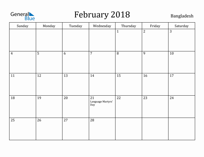 February 2018 Calendar Bangladesh