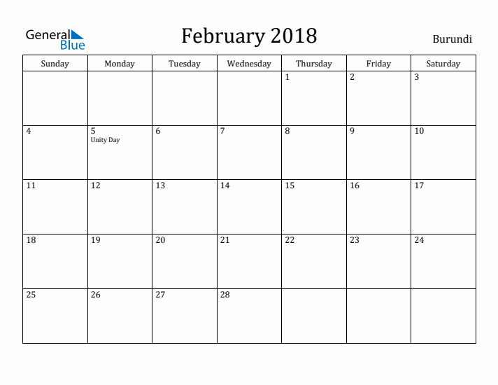 February 2018 Calendar Burundi