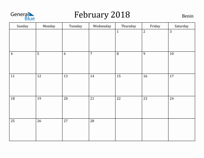 February 2018 Calendar Benin