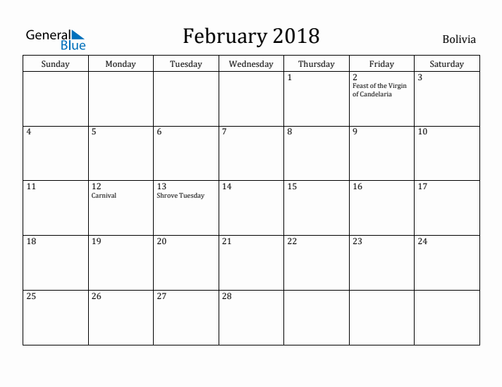February 2018 Calendar Bolivia