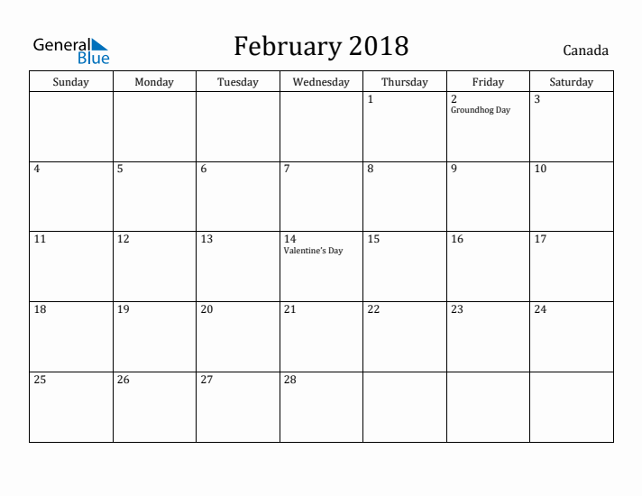 February 2018 Calendar Canada