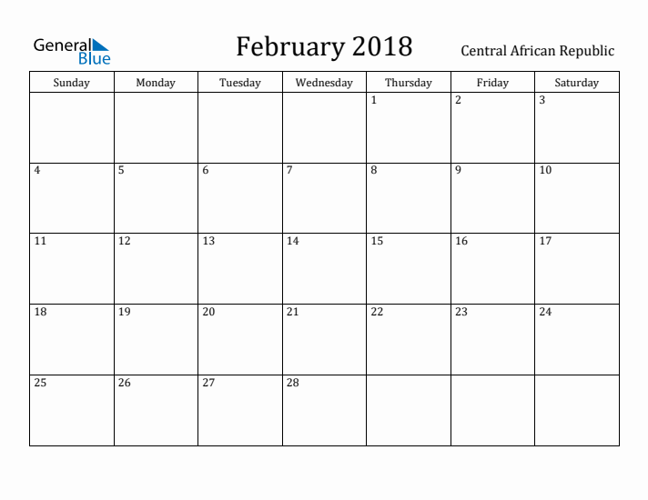 February 2018 Calendar Central African Republic