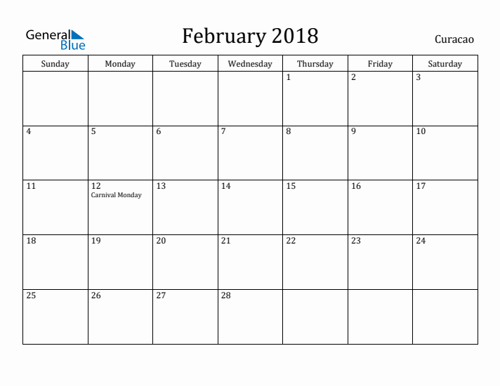 February 2018 Calendar Curacao
