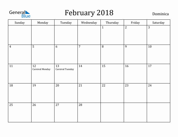 February 2018 Calendar Dominica