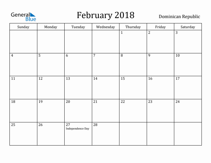 February 2018 Calendar Dominican Republic