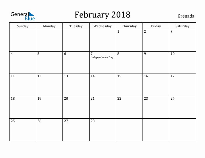 February 2018 Calendar Grenada