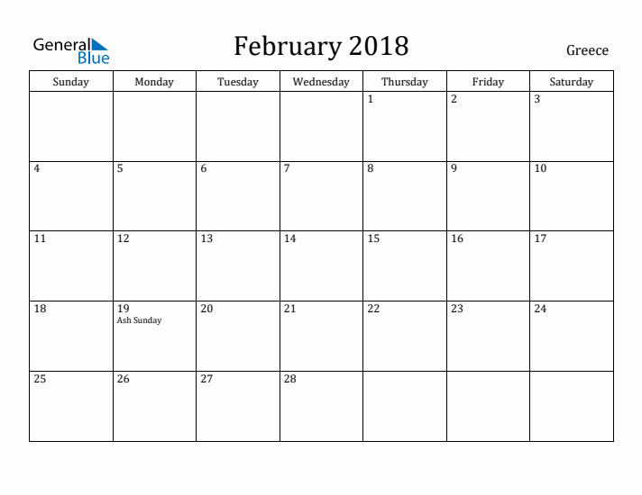 February 2018 Calendar Greece