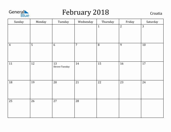 February 2018 Calendar Croatia