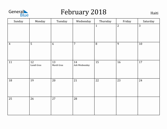February 2018 Calendar Haiti