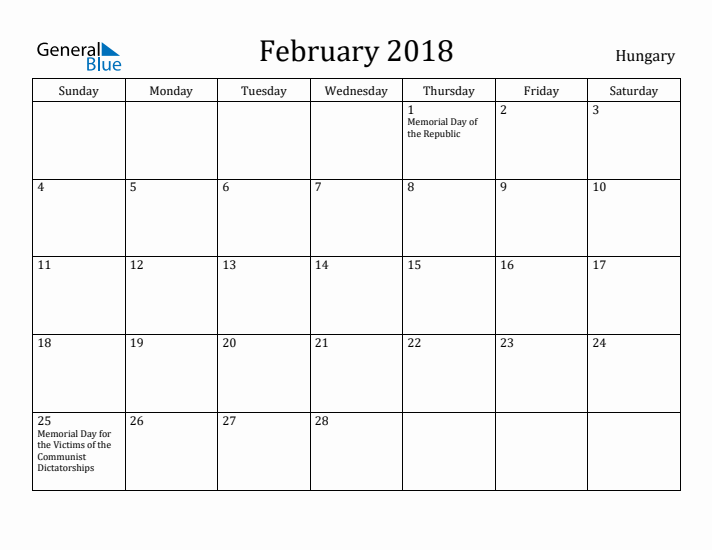 February 2018 Calendar Hungary