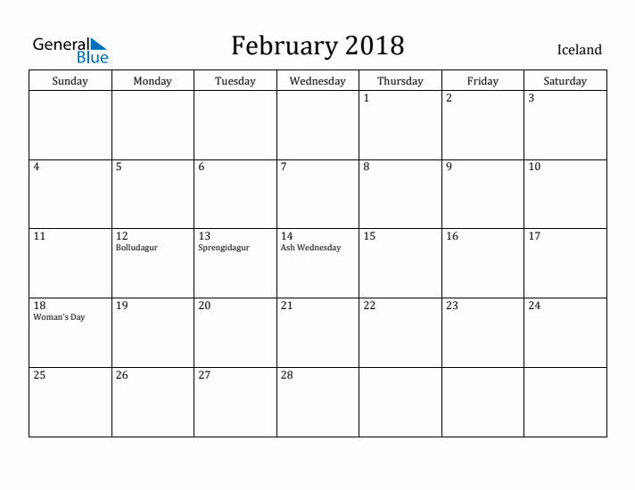 February 2018 Calendar Iceland