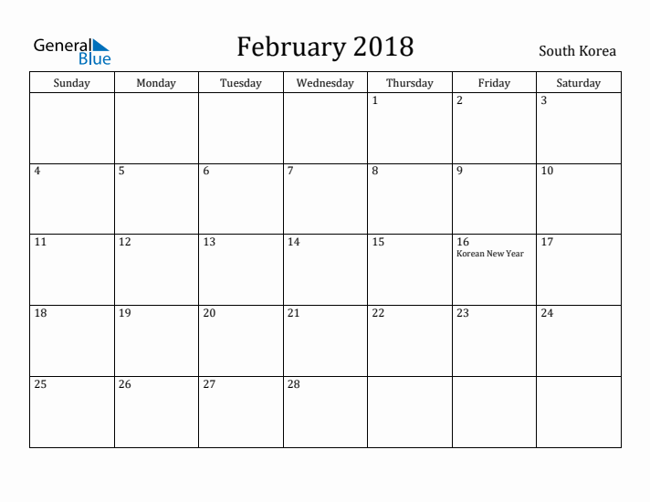 February 2018 Calendar South Korea