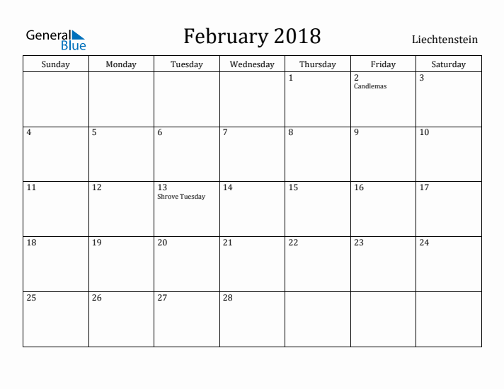 February 2018 Calendar Liechtenstein