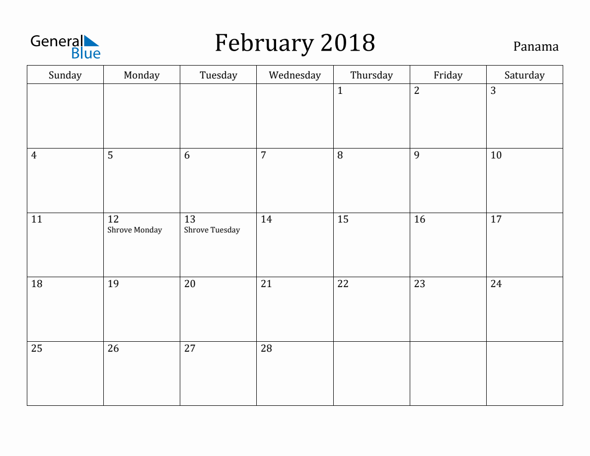 February 2018 Monthly Calendar with Panama Holidays