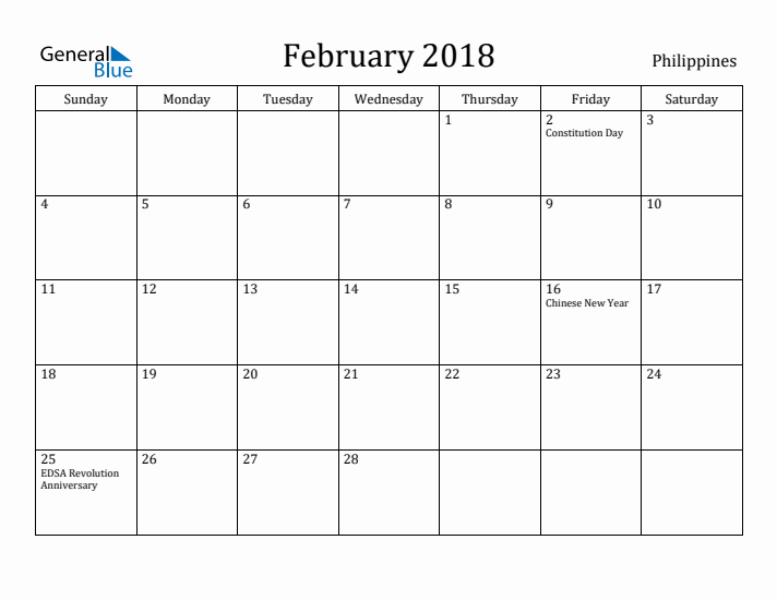 February 2018 Monthly Calendar with Philippines Holidays
