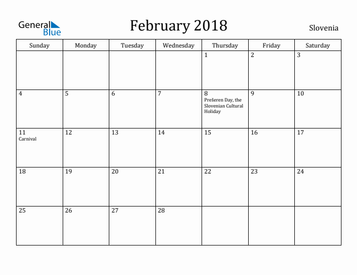 February 2018 Calendar Slovenia